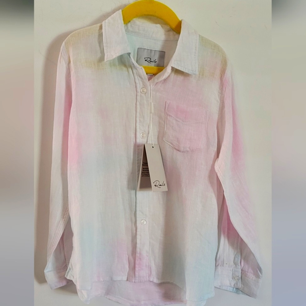 RAILS Cora Rainbow Tie Dye Linen Button Up Shirt Long Sleeve Girls Size 8/9 NEW